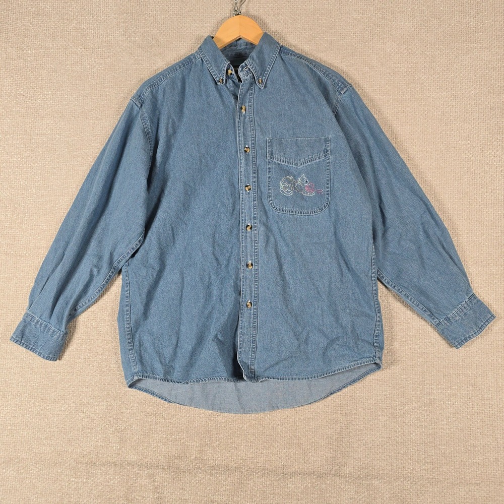Outrageous Sports Blue Denim Button Down Shirt‎ Rhinestone Cat Yarn Oversized S